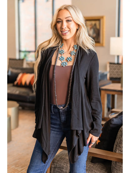 Soft Drape Open Front Black Cardigan