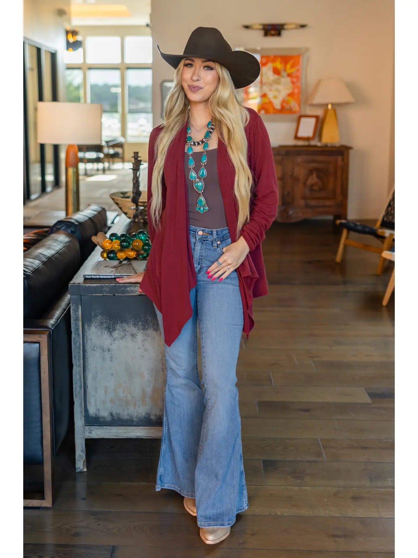 Soft Drape Open Front Wine Cardigan