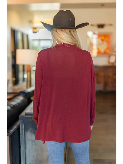 Soft Drape Open Front Wine Cardigan