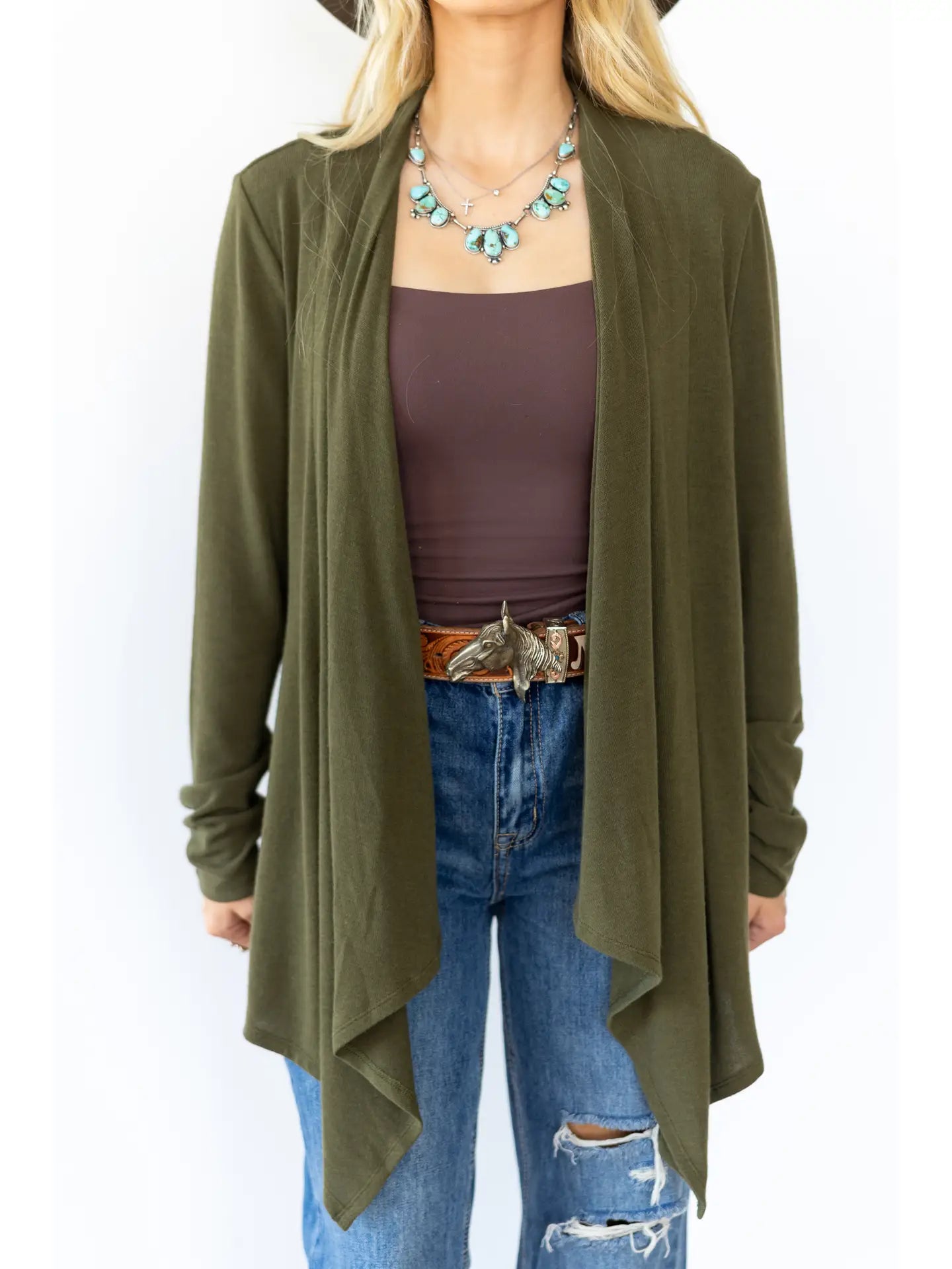 Soft Drape Open Front  Olive Cardigan