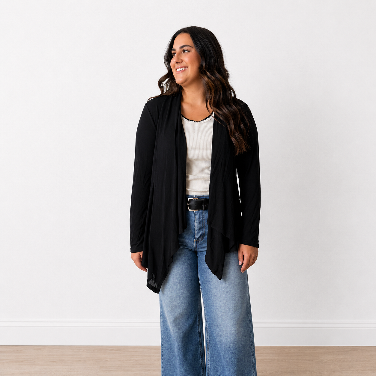 Soft Drape Open Front Black Cardigan