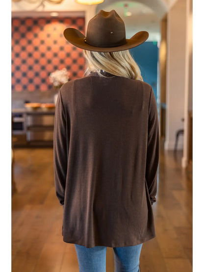 Soft Drape Open Front Chocolate Cardigan
