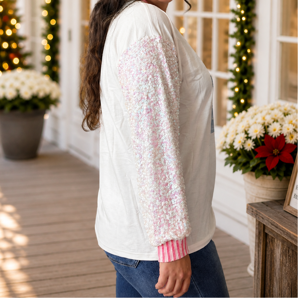 Glittery Nutcrackers on White Top with Sequin Sleeves by Emma+ Grace - SV Boutique & Co.