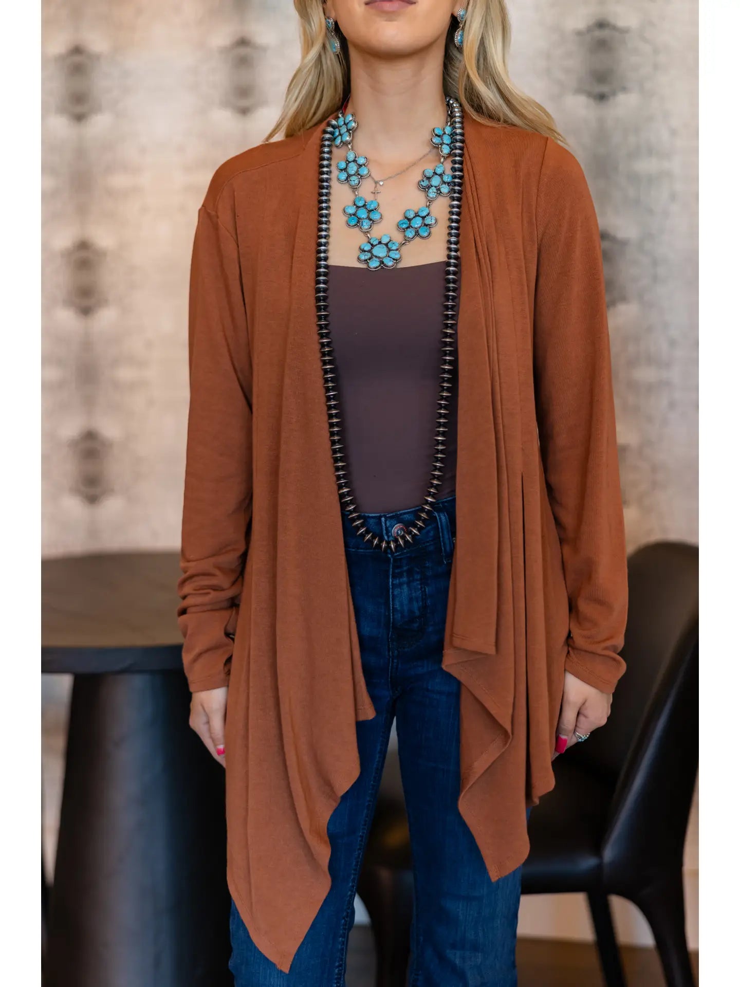 Soft Drape Open Front Rust Cardigan