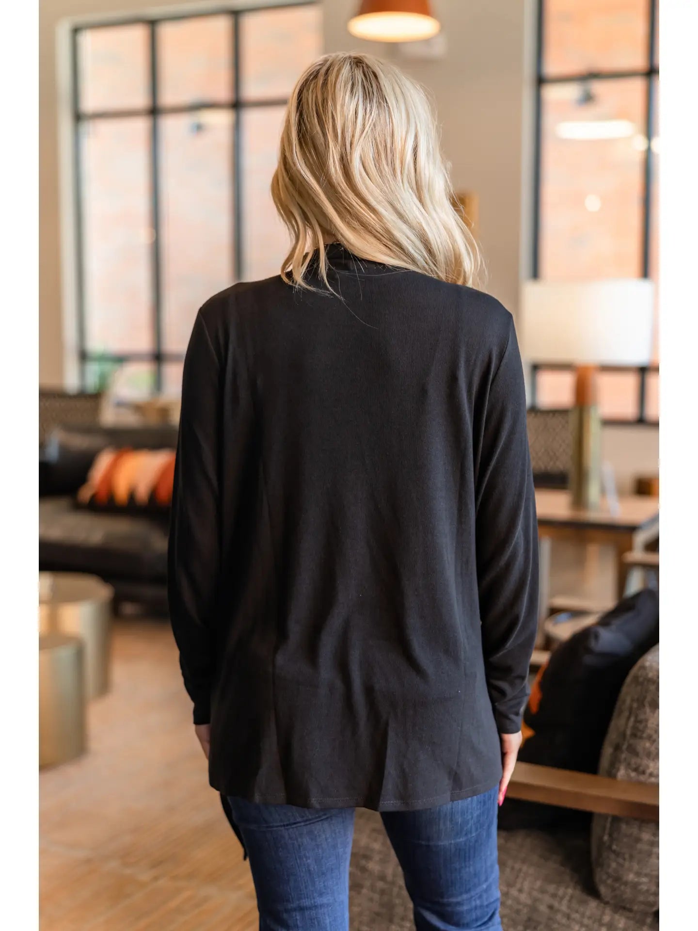Soft Drape Open Front Black Cardigan