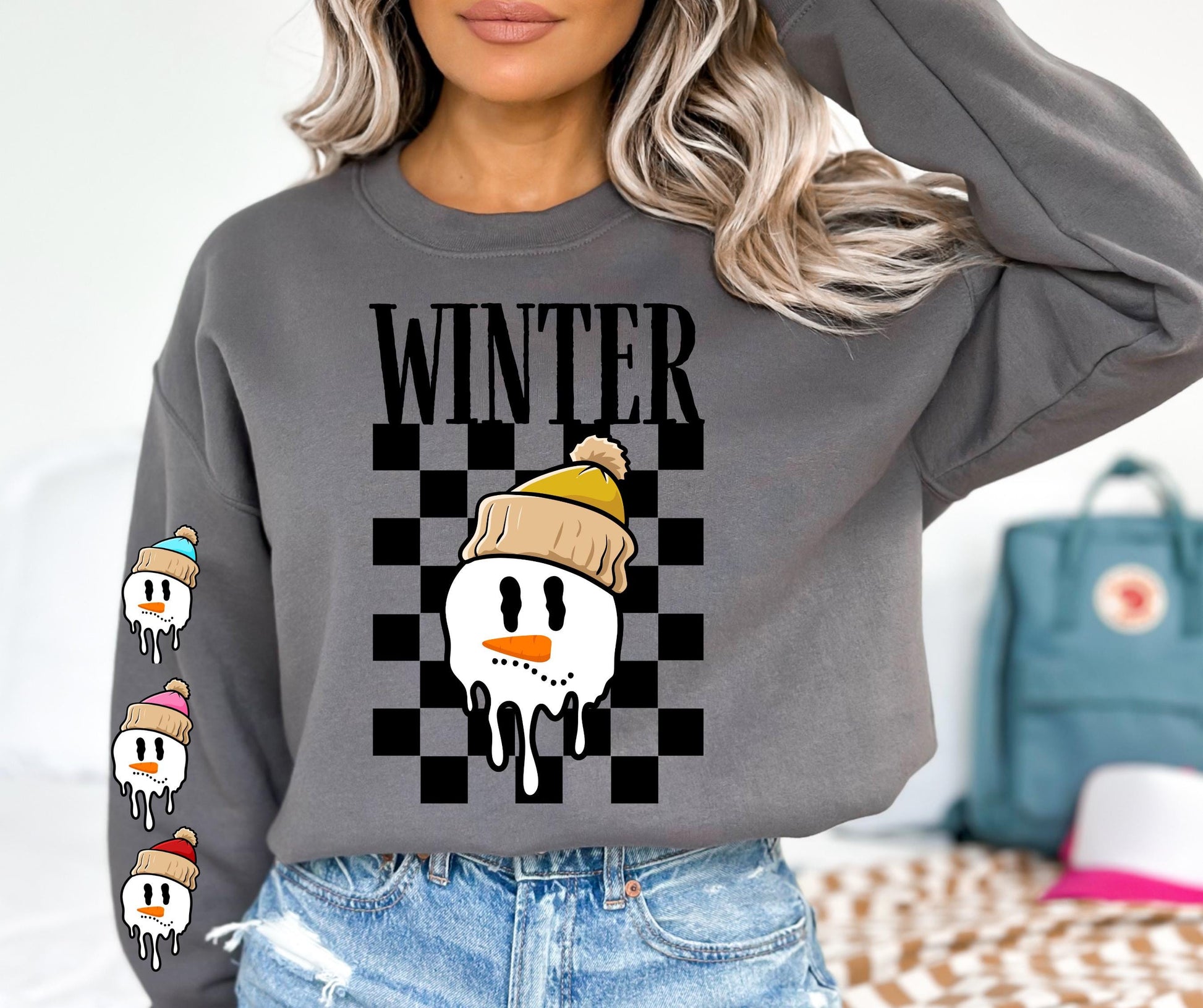 Christmas, Winter, Cozy, Smiley Face, Melted Snowman Face, Funny Face, Chilly, Teen, Cute, Rocker Sweatshirt, Sleeve Design, Trendy, Snowman