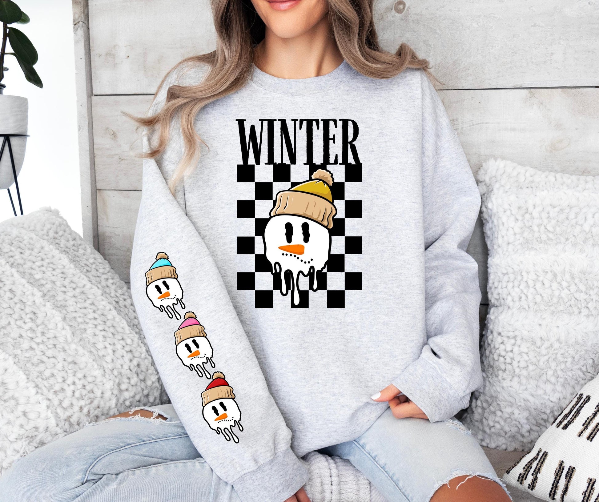 Christmas, Winter, Cozy, Smiley Face, Melted Snowman Face, Funny Face, Chilly, Teen, Cute, Rocker Sweatshirt, Sleeve Design, Trendy, Snowman