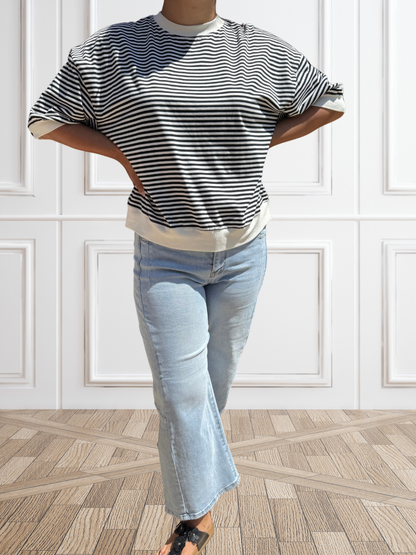 Loose Fit Striped Short Sleeve Crew Neckline Top - SV Boutique & Co.