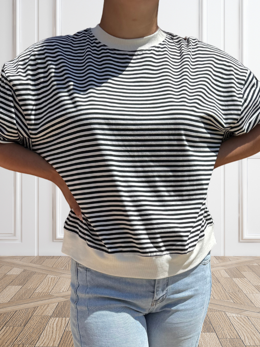 Loose Fit Striped Short Sleeve Crew Neckline Top - SV Boutique & Co.
