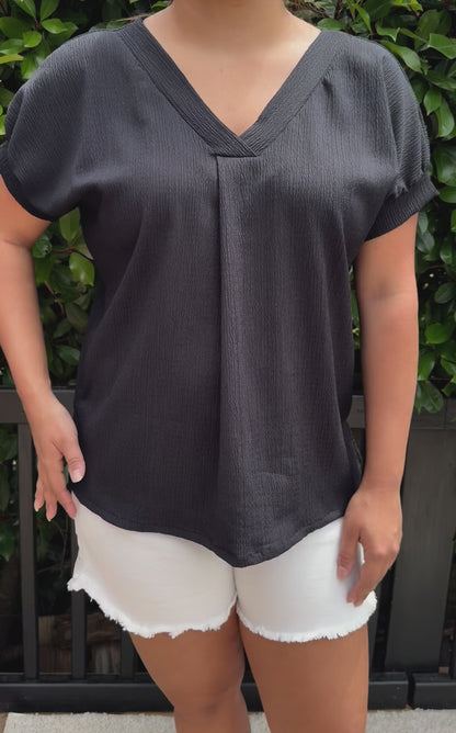 Black Solid Texture Crinkle Top
