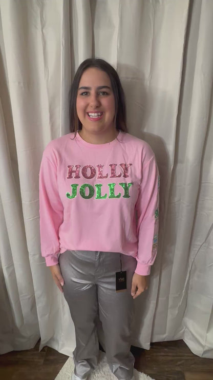 Holly Jolly Sequin On Pink Sweatshirt