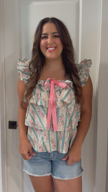 Floral Stripe Ruffle Top with Pink Bow- Sweet Magnolia