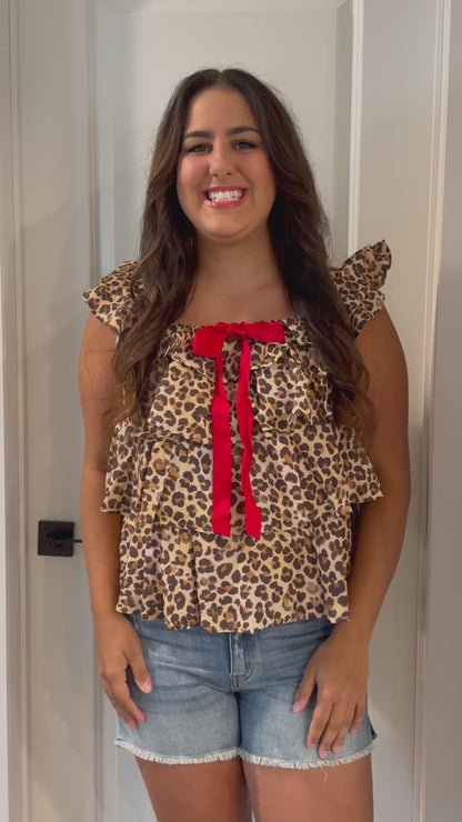 Leopard Ruffle Short Sleeve Top with Bow-Miss Behavin’
