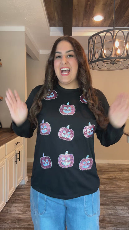 Pumpkin Sequin Long Sleeve Top-Grace+Emma