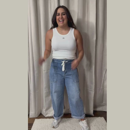 Risen High Rise Crop Wide Barrel Cargo Pocket Pants