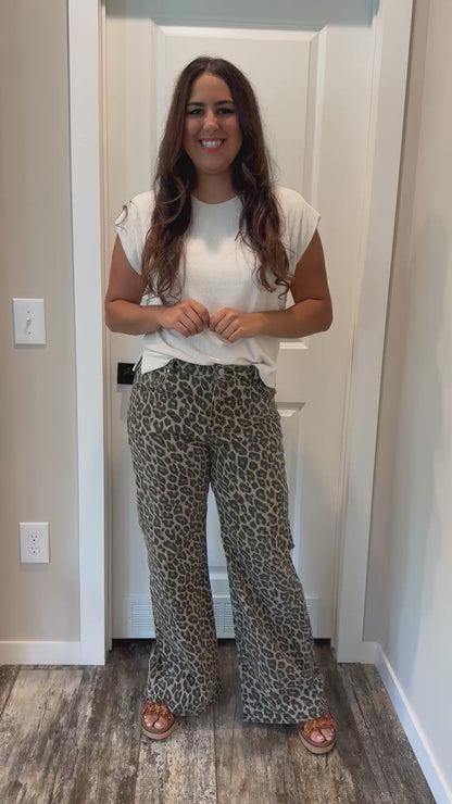 RISEN RUN THE WILD MID RISE WIDE LEG LEOPARD JEANS
