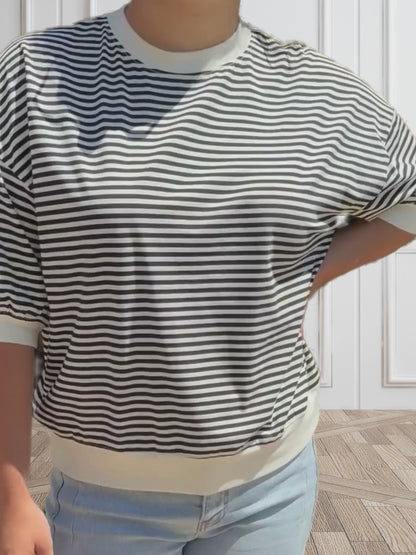 Loose Fit Striped Short Sleeve Crew Neckline Top