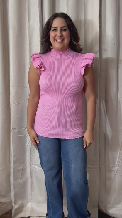 Pink Sleeveless Solid Knit Mock Neck Top with Flutter Sleeves
