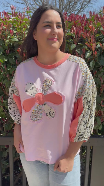 FLOWER PATCH OVERSIZED SOFT WASHED KNIT TOP BY EASEL