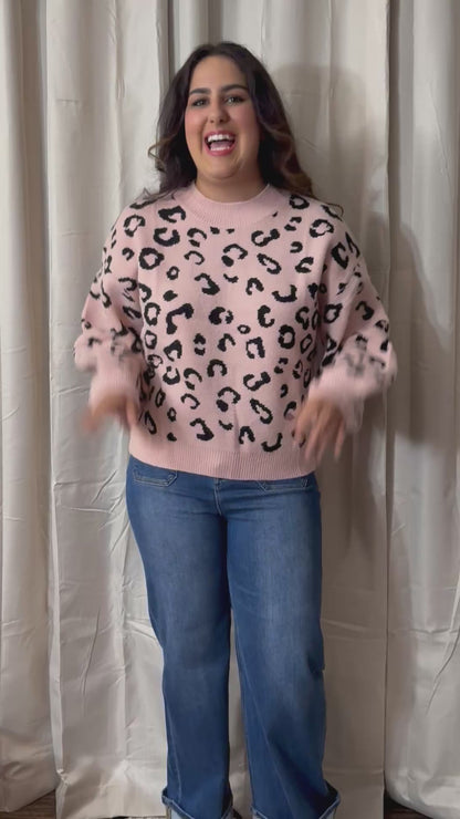 Pink Leopard Print Knit Sweater White Birch