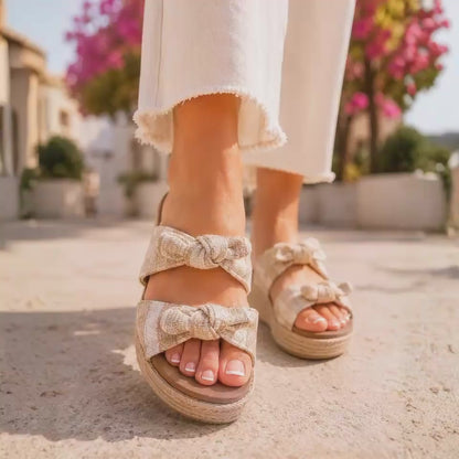 Corkys Tie The Knot Tan Natural Stripe Wedge Sandal