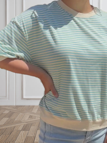 Loose Fit Striped Short Sleeve Crew Neckline Top