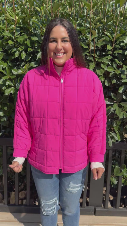 HOT PINK JACKET, LIGHTWEIGHT QUILTED SQUARES