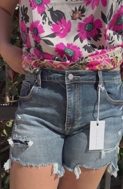 RISEN MID RISE PATCHED DENIM SHORTS – REGULAR & PLUS SIZE