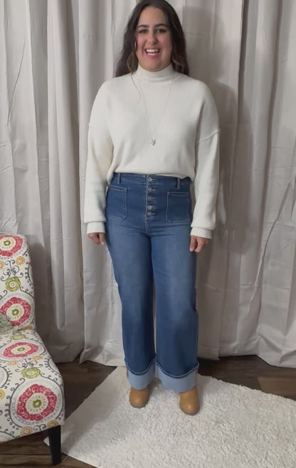 RISEN HIGH RISE ANKLE WIDE BUTTON DOWN FRONT PATCH POCKET CUFFED JEANS